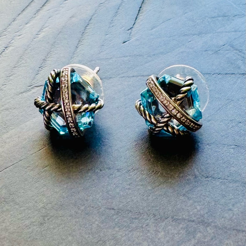 David Yurman cable wrap stud earrings (blue topaz & diamonds)